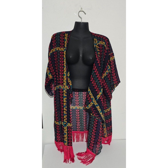 LuLaRoe Monroe Cardigan Kimono Red Fringe, Geometric Print Women's Sz Large - Picture 2 of 5